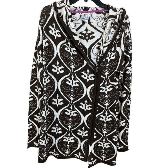 Avalanche Sweaters - Avalanche Womens Full Zip Cardigan Brown Sz Medium Damask Knit Hoodie Tunic Cozy